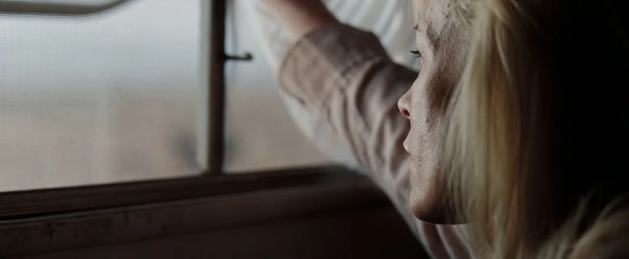 The Burning Plain (2008) movie still: closeup — A close-up view of a woman looking through a window with a screen. She is standing indoors during…