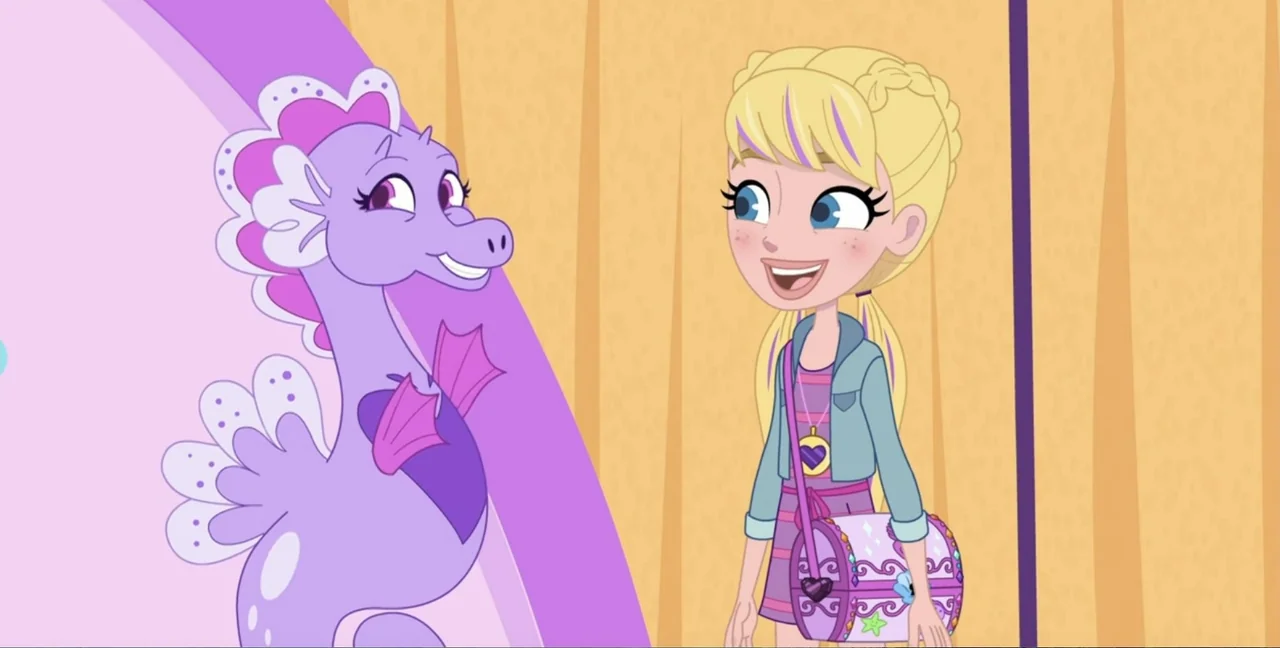 Polly Pocket Sparkle Cove Adventure (2023) movie still: medium — A cartoon interior features a blonde teenage girl talking to a purple seahorse…