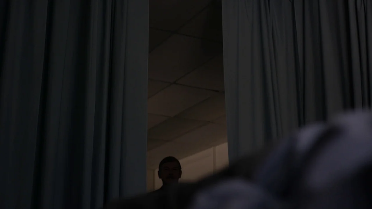 The Blackcoat’s Daughter (2015) movie still: wide — A man stands behind parted grey curtains in an interior space with ceiling tiles. He gazes…