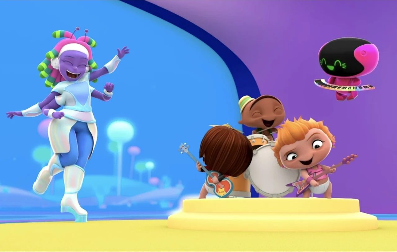 Mini Beat Power Rockers: The Movie (2022) movie still: medium — A vibrant digital stage features a purple-skinned dancer and a band of infants. The…