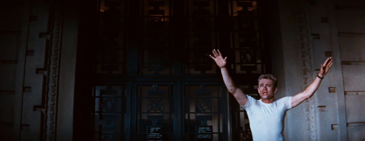 Rebel Without A Cause (1955) movie still: medium — A stone entrance to a planetarium features dark, ornate metal grid doors. A man stands before the…