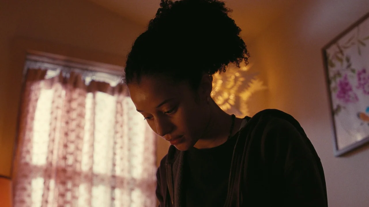 One Battle After Another (2025) movie still: medium — A room with a light-colored wall and a framed picture featuring floral patterns. A young woman…