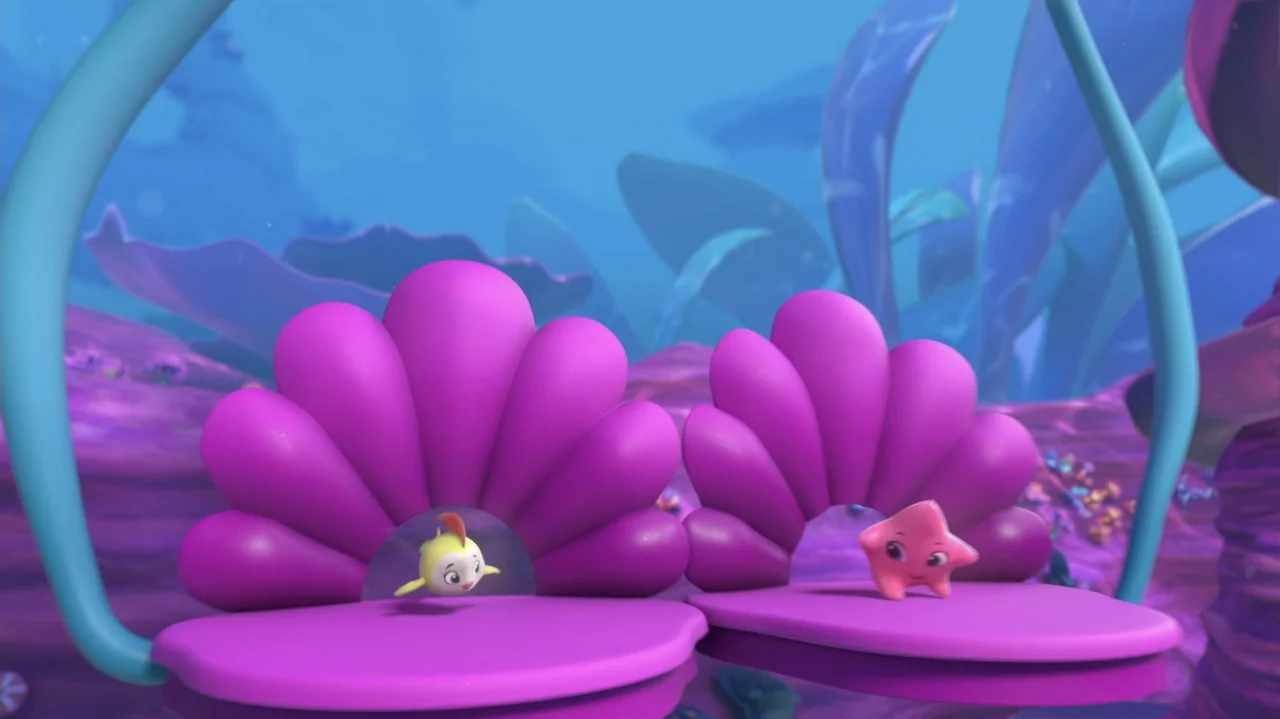 Enchantimals - Ocean Kingdom (2023) movie still: medium — An underwater scene features two distinct purple clamshell platforms arranged side by…