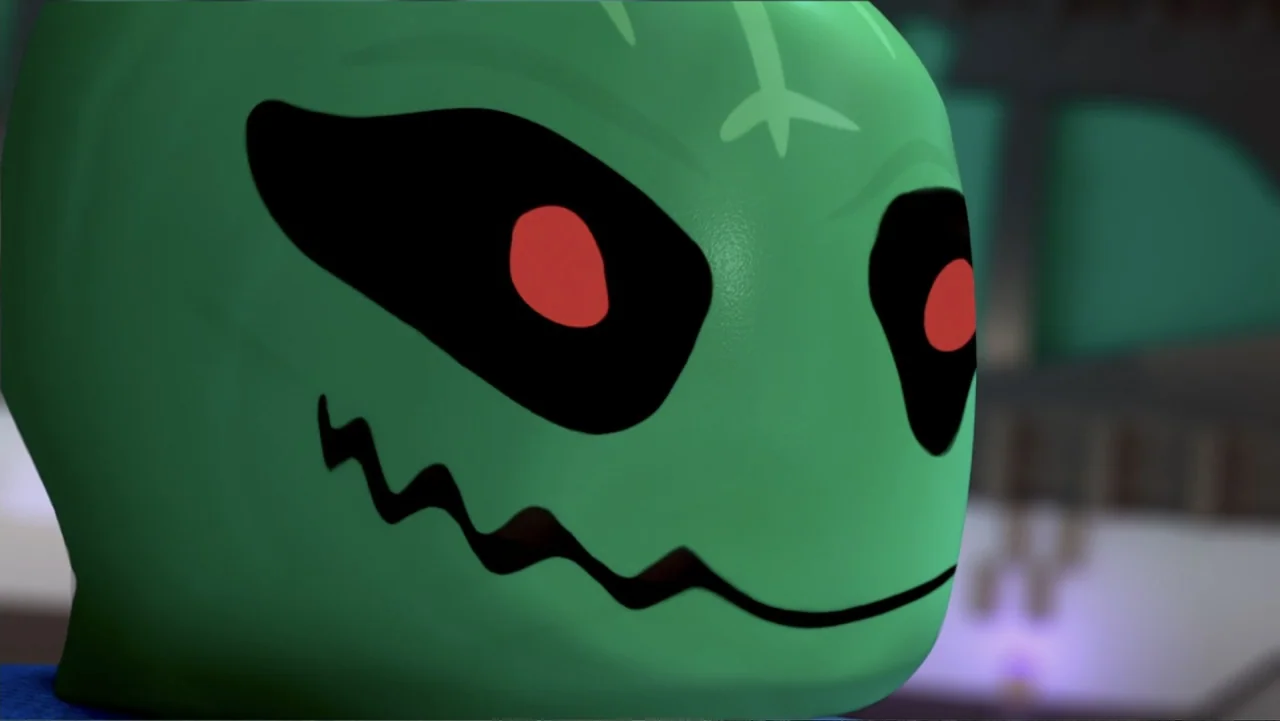LEGO DC Comics Super Heroes: Justice League - Attack of the Legion of Doom! (2015) movie still: closeup — A close-up on the head of a green-skinned…