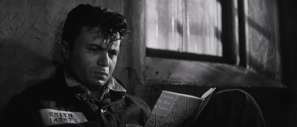 In Cold Blood (1967) movie still: medium — A stone-walled interior space with a barred window admitting light. A man wearing a numbered prison…