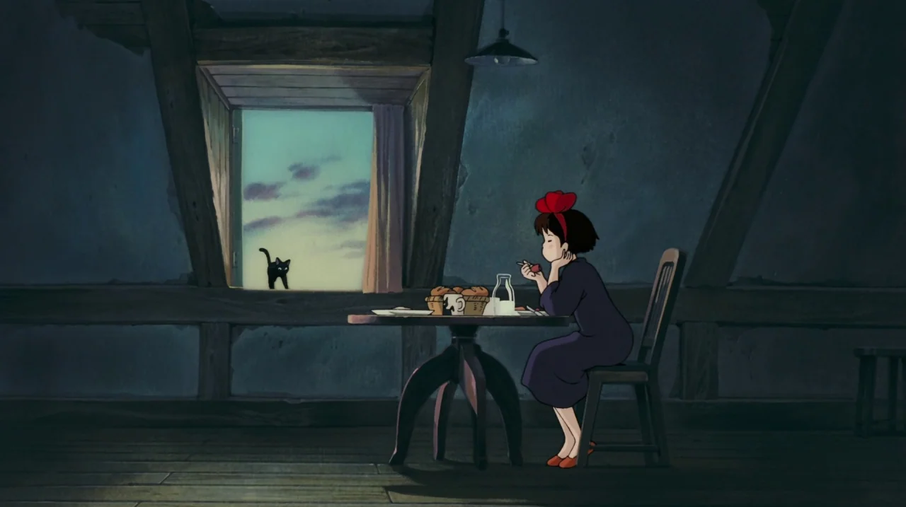Kiki’s Delivery Service (1989) movie still: wide — A dimly lit attic room with slanted walls and exposed wooden beams under a single light. A girl…