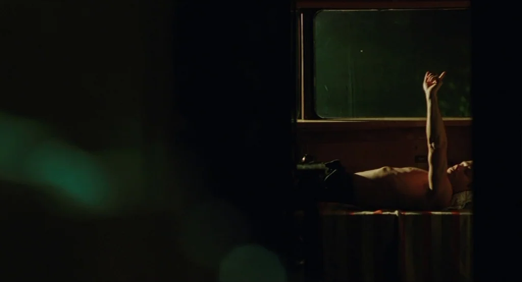 Results (2015) movie still: medium — A cramped train sleeper cabin interior at night with a view of dark trees outside. A shirtless man lies on a…