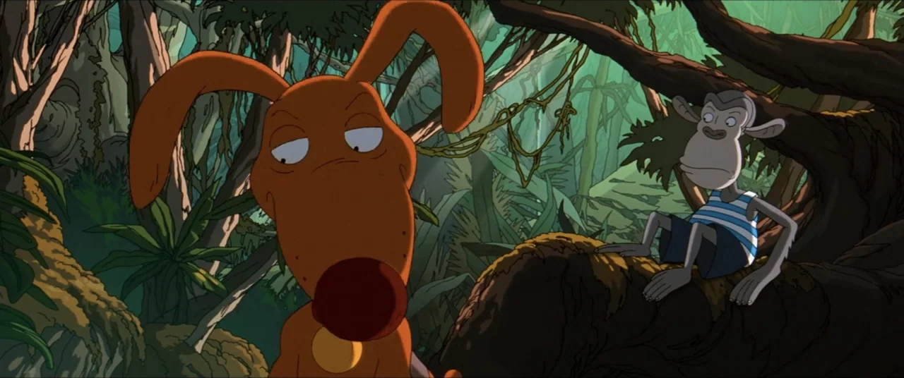 Rugrats Go Wild (2003) movie still: medium — A dense tropical jungle features thick tree branches and lush green foliage. An orange dog stands in…