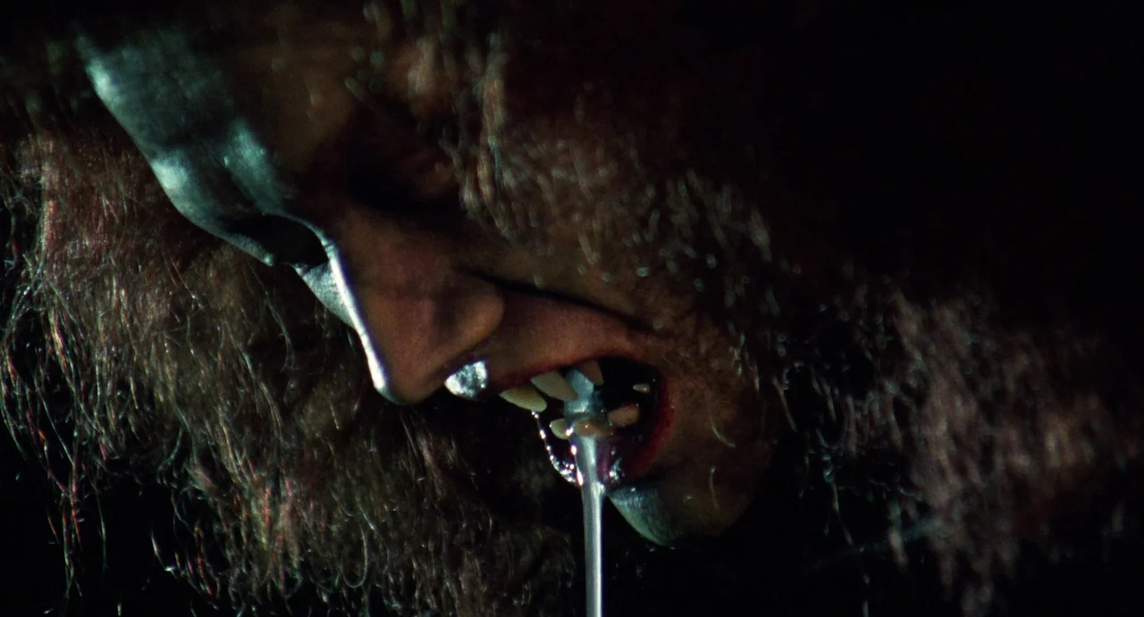 The Spider Labyrinth (1988) movie still: closeup — A dark space serves as the background for a close-up of a creature. A furry face with prominent…
