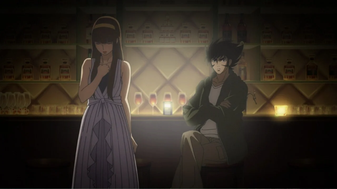 Mazinger Z: Infinity (2017) movie still: medium — A dimly lit bar features shelves of glass bottles behind a wooden counter. A woman in a dress and…