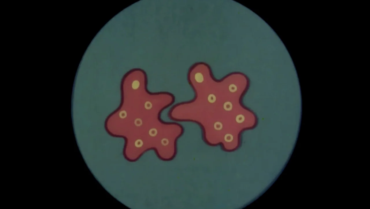 The Return of the Prodigal Son (1978) movie still: closeup — A circular field of view displays two red blob-like cells on a blue background. The…