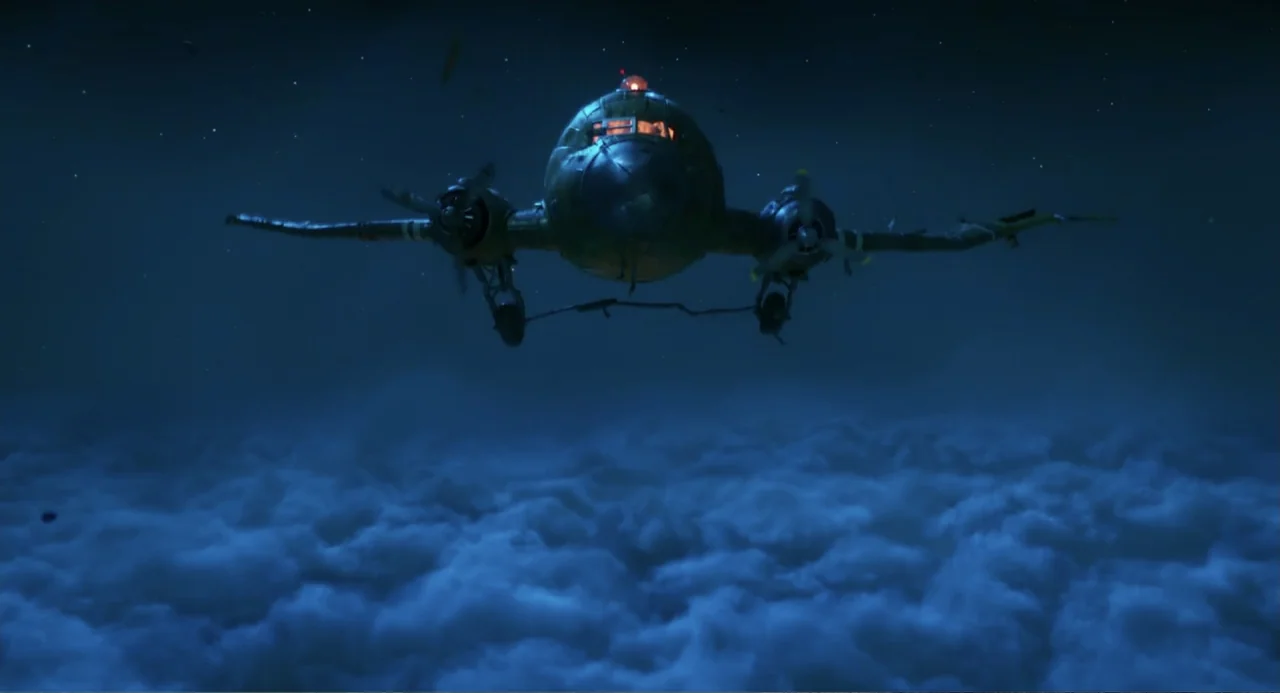 Hotel Transylvania: Transformania (2022) movie still: wide — A dark night sky view shows an vintage propeller airplane flying over thick clouds. The…