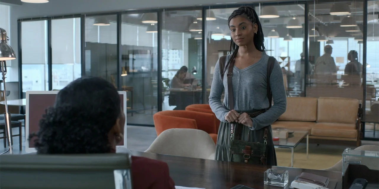 An Unforgettable Year - Autumn (2023) movie still: medium — An open-plan office features glass-walled meeting rooms and mid-century modern…