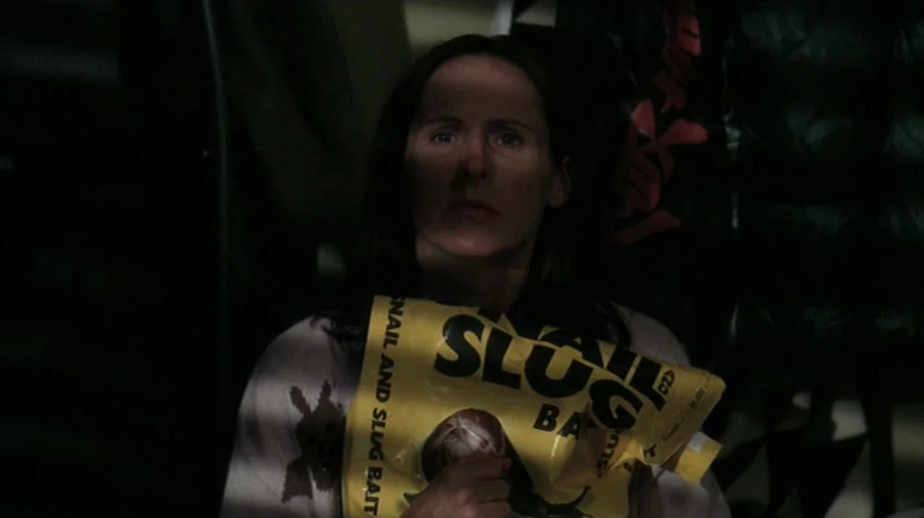 Year Of The Dog (2007) movie still: medium — A woman sits in a dimly lit room, framed from the mid-torso up. She holds a large yellow bag of pest…