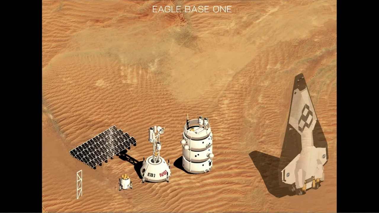 Chesley Bonestell: A Brush with the Future (2018) movie still: establishing — A futuristic lunar base sits on a vast expanse of rippled reddish…