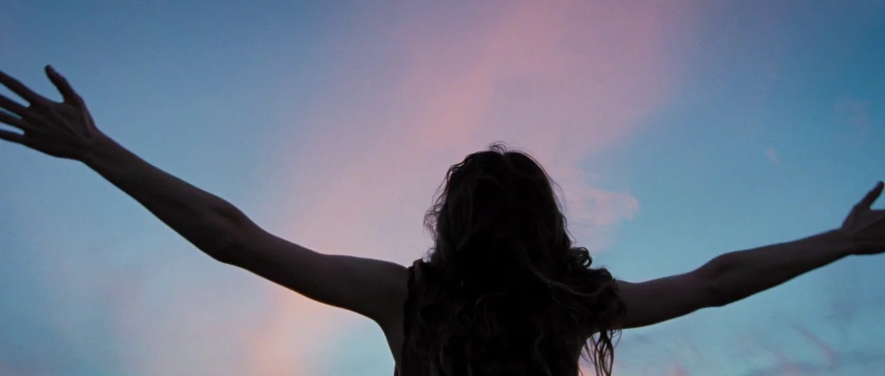 To The Wonder (2012) movie still: medium — A view of the sky at twilight with soft pink clouds against deep blue. A person is seen from behind with…