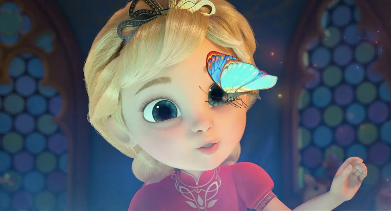 The Princess and the Dragon (2018) movie still: closeup — A cartoon girl with blonde hair stands in a brightly lit castle interior setting. A blue…