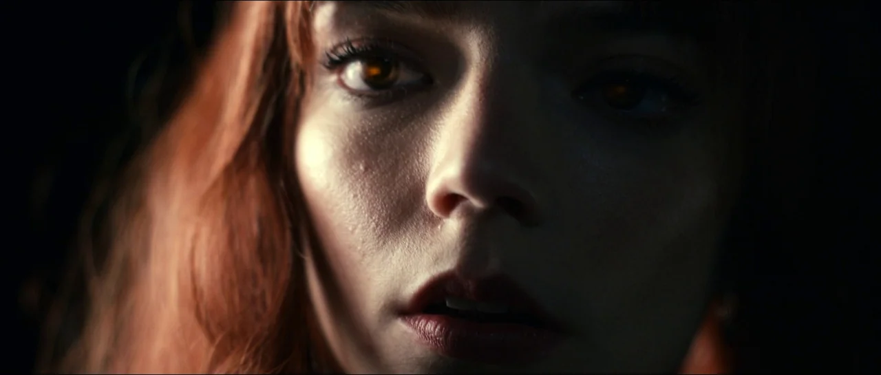 The Menu (2022) movie still: closeup — An extreme close-up of a young woman's face emerges from total darkness. Her amber eyes look directly forward…