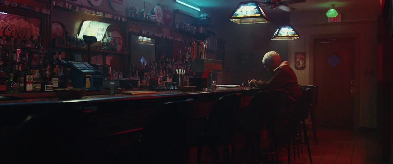 The Man Who Killed Hitler and Then the Bigfoot (2018) movie still: wide — A dimly lit tavern counter displays numerous bottles against a wall with…