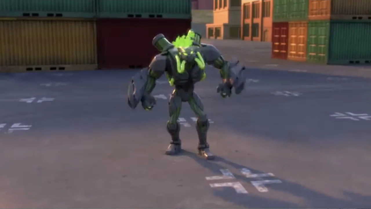 Max Steel: Team Turbo (2016) movie still: fullbody — A paved industrial shipping terminal is filled with stacked multi-colored shipping containers…