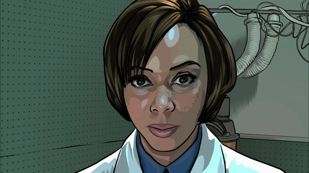 A Scanner Darkly (2006) movie still: closeup — An interior medical space features a green wall backdrop with exposed tubing and wires. A woman in a…