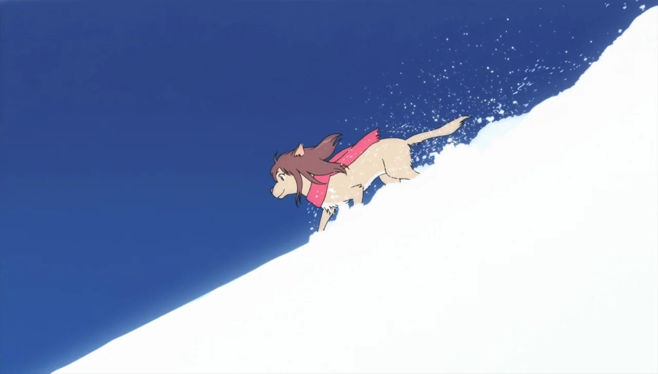 Wolf Children (2012) movie still: wide — A steeply angled snowy mountain slope sits beneath a deep blue sky. A young girl with wolf features and a…