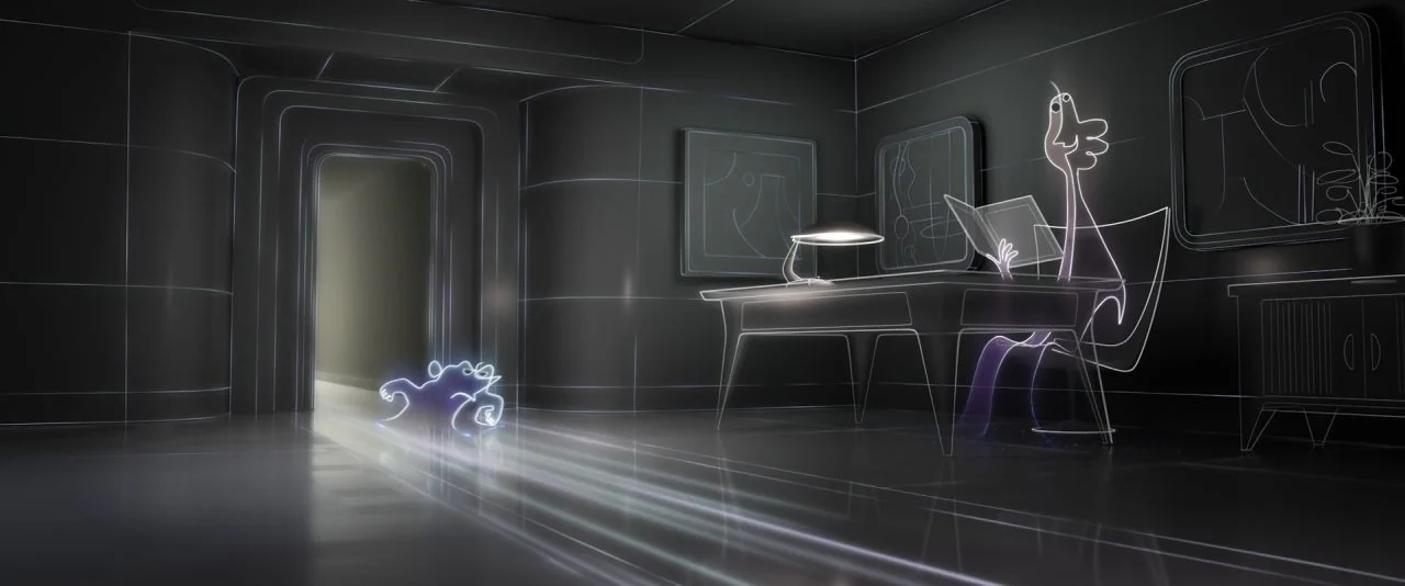 Soul (2020) movie still: wide — A dark, stylized office is defined by white wireframe outlines on gray surfaces. A thin figure sits at a desk as a…