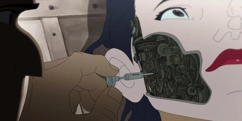 Love, Death & Robots (2019) movie still: closeup — A close-up of a female android with an exposed mechanical jaw and internal gears. A hand reaches…