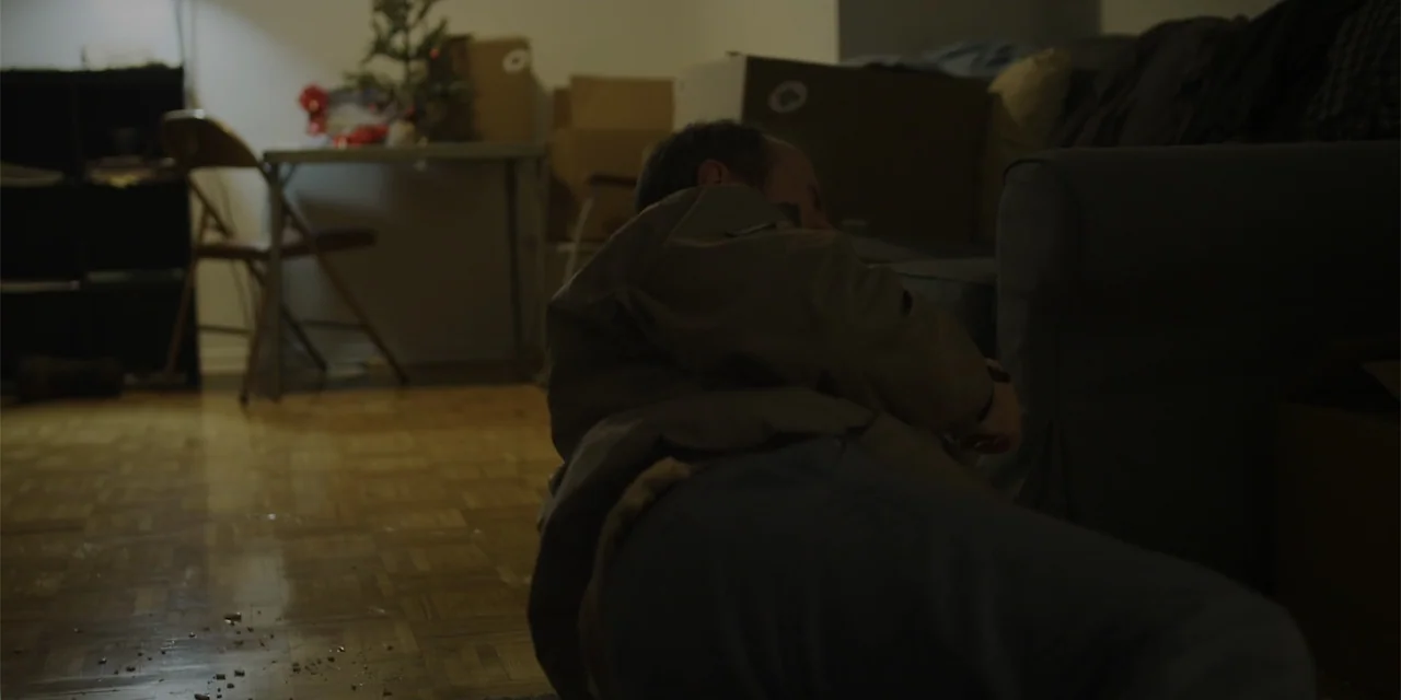 Lobos (2019) movie still: medium — A sparsely furnished living room contains packed cardboard boxes and a small table.