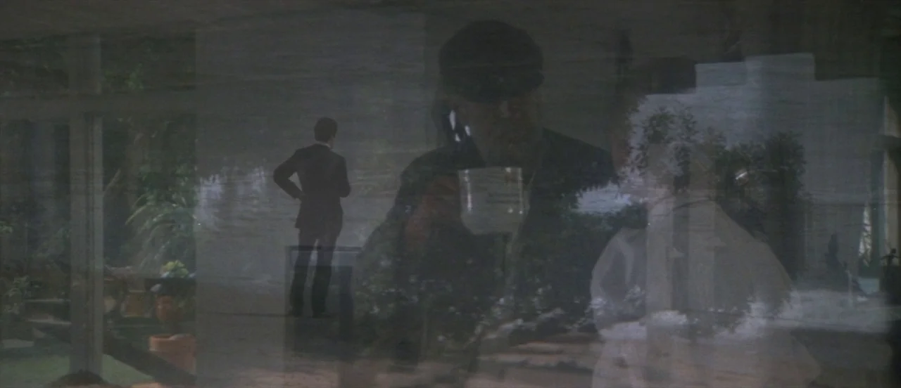 The Long Goodbye (1973) movie still: wide — A modern glass-walled structure features trees visible outside through the transparent walls. A man in a…