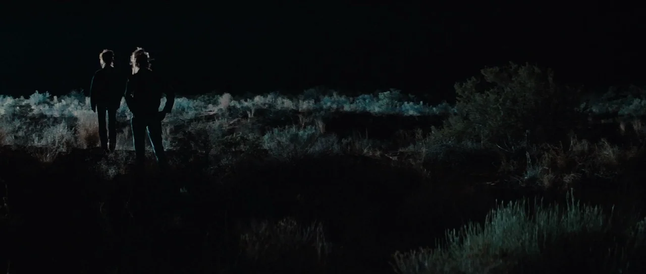 Thelma & Louise (1991) movie still: wide — An expanse of arid desert brush at night under a completely black sky. Two men in dark clothing stand…