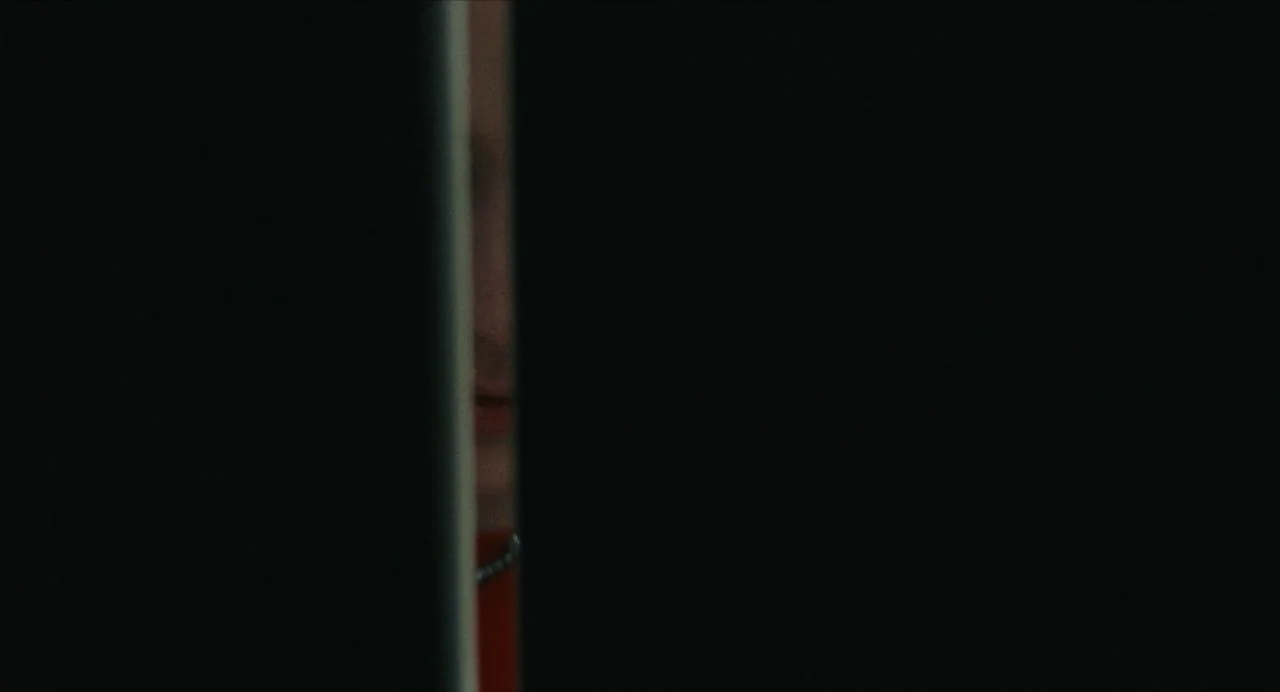 Never Rarely Sometimes Always (2020) movie still: closeup — A vertical sliver of a human face is visible through a dark door crack. The person…
