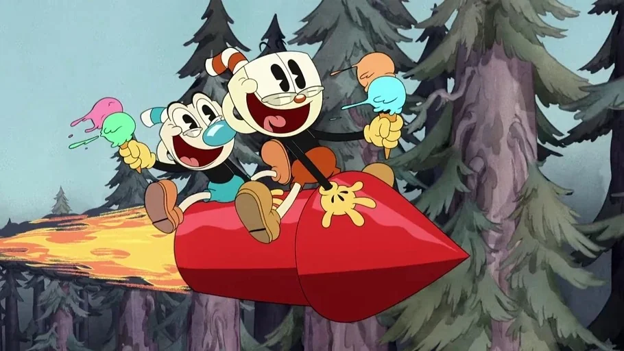 The Cuphead Show! (2022) movie still: medium — Two animated cup characters ride a red rocket over a stylized pine forest. The characters hold…