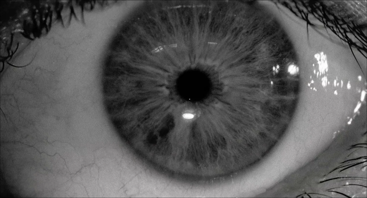 Il Boom (1963) movie still: closeup — A macro shot focuses on a single human eye. The pupil is dilated and centered within the iris.