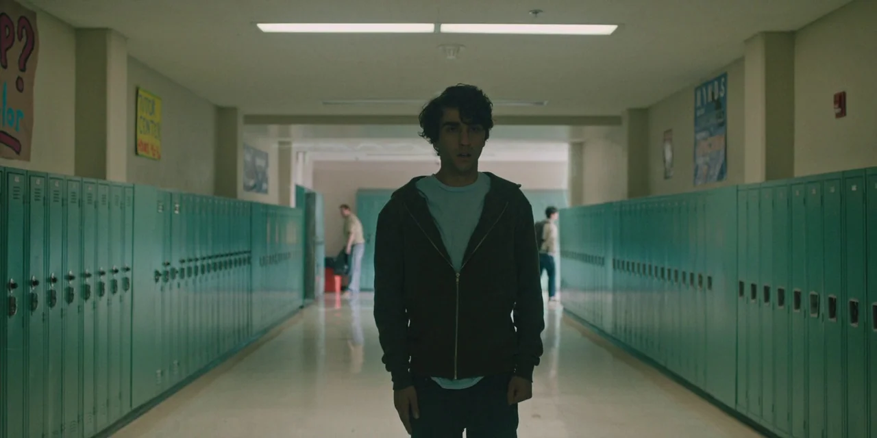 Hereditary (2018) movie still: medium — A long school corridor is lined with rows of teal metal lockers on both sides. A young man in a dark hoodie…