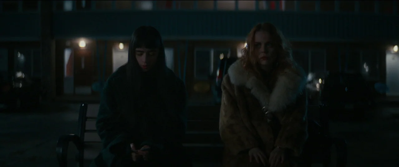 Humanist Vampire Seeking Consenting Suicidal Person (2023) movie still: medium — Two women sit on a bench at night in the parking lot of a motel.…