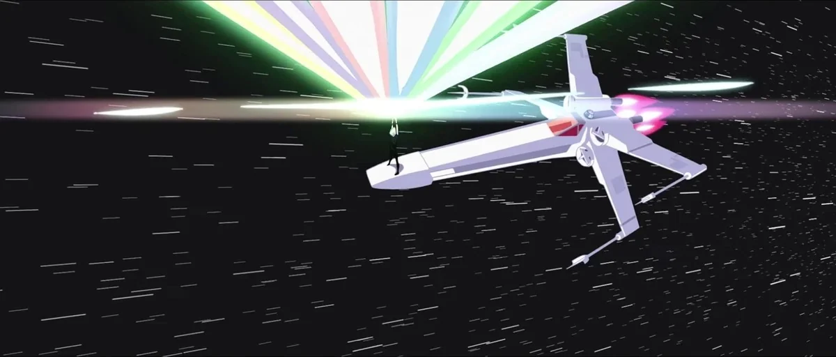 Star Wars: Visions (2021) movie still: wide — A dark, star-streaked void of outer space surrounds a white X-wing fighter. A female character stands…