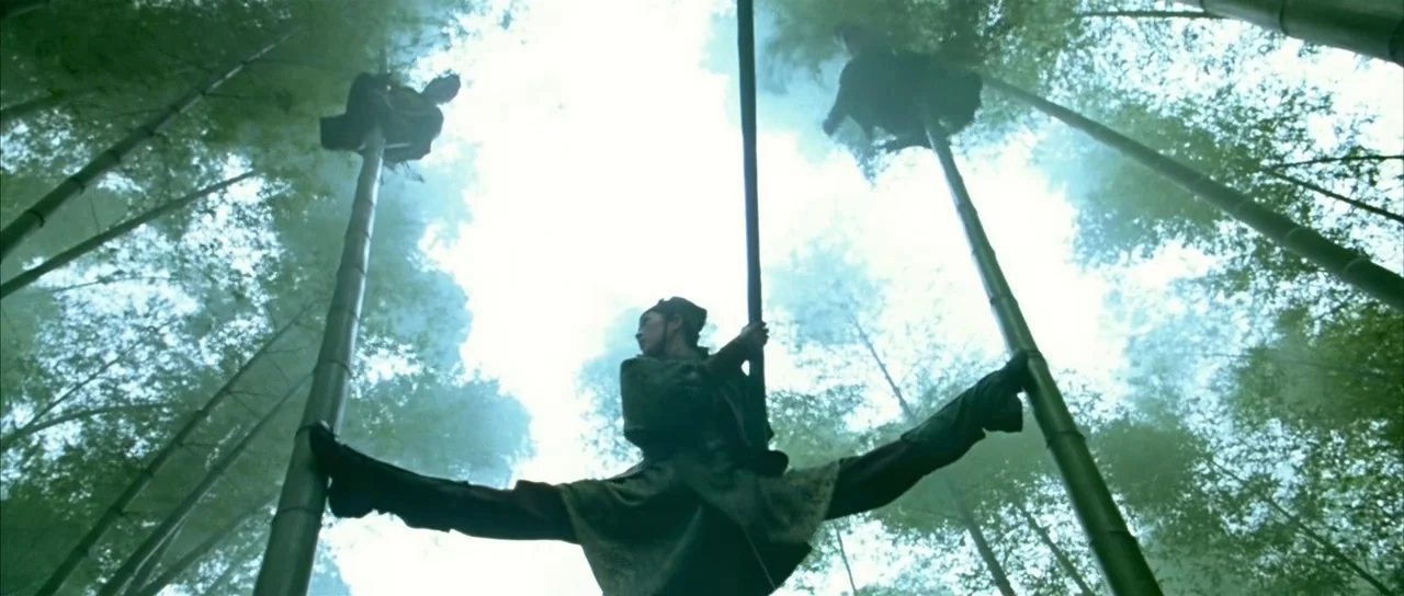 House of Flying Daggers (2004) movie still: wide — A dense bamboo grove with tall stalks extending into a bright, white, overcast sky. Three…