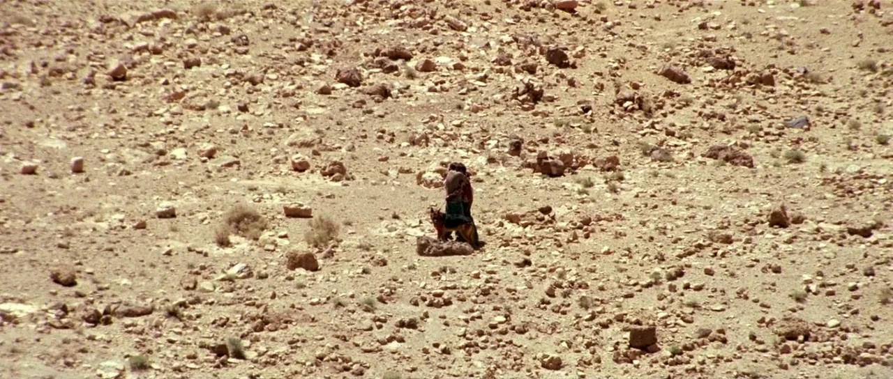 The Hills Have Eyes (2006) movie still: wide — A vast, rocky, arid desert plain covers the entire frame under clear daylight conditions. Two small…