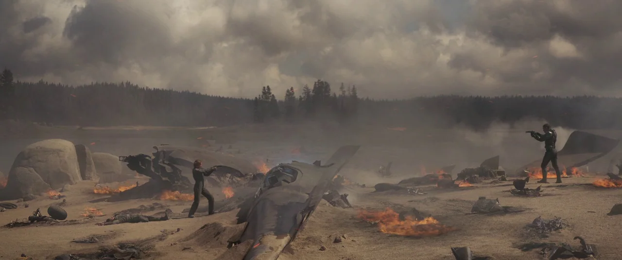 Captain Marvel (2019) movie still: wide — A desolate landscape strewn with metal wreckage and small patches of fire. Two individuals stand amidst…