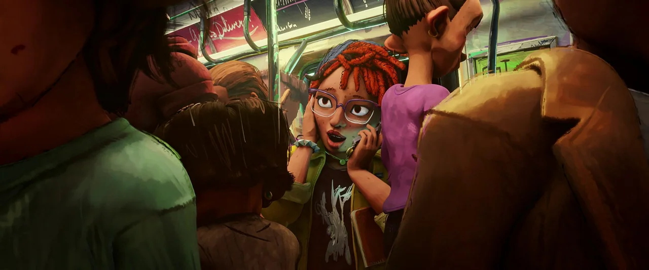 Teenage Mutant Ninja Turtles: Mutant Mayhem (2023) movie still: medium — A crowded subway train interior features passengers standing close together…