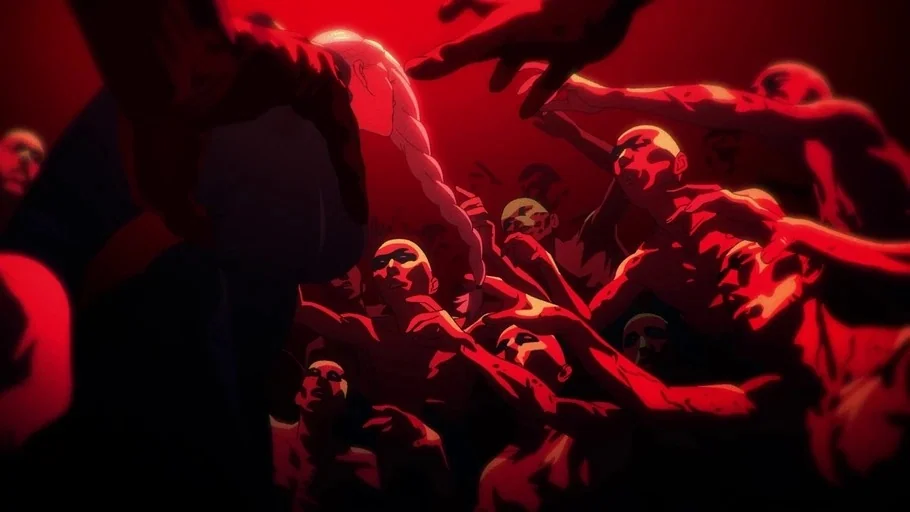 Jujutsu Kaisen (2020) movie still: medium — A dense crowd of bald, shirtless figures surrounds a central person with a braid. The entire scene is…