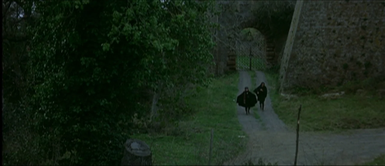 Flesh For Frankenstein (1973) movie still: wide — A gravel and dirt track runs between a thick overgrown bank and a stone wall. Two figures in black…