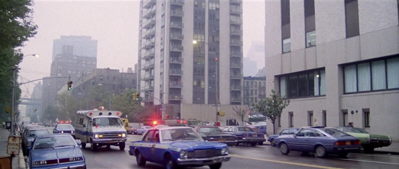 The New York Ripper (1982) movie still: establishing — A dense urban street with apartment blocks and parked cars under an overcast sky. An…