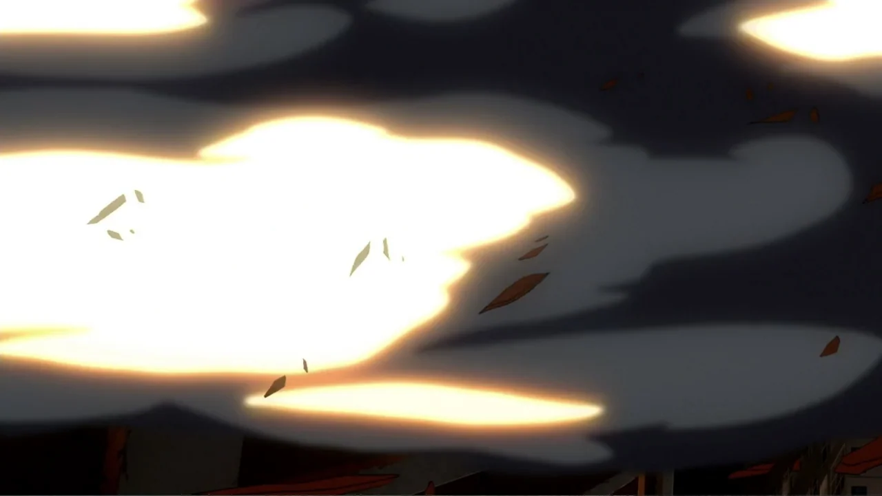 Batman: Year One (2011) movie still: establishing — A massive bright orange and white explosion fills the dark night sky. Debris pieces fly outwards…