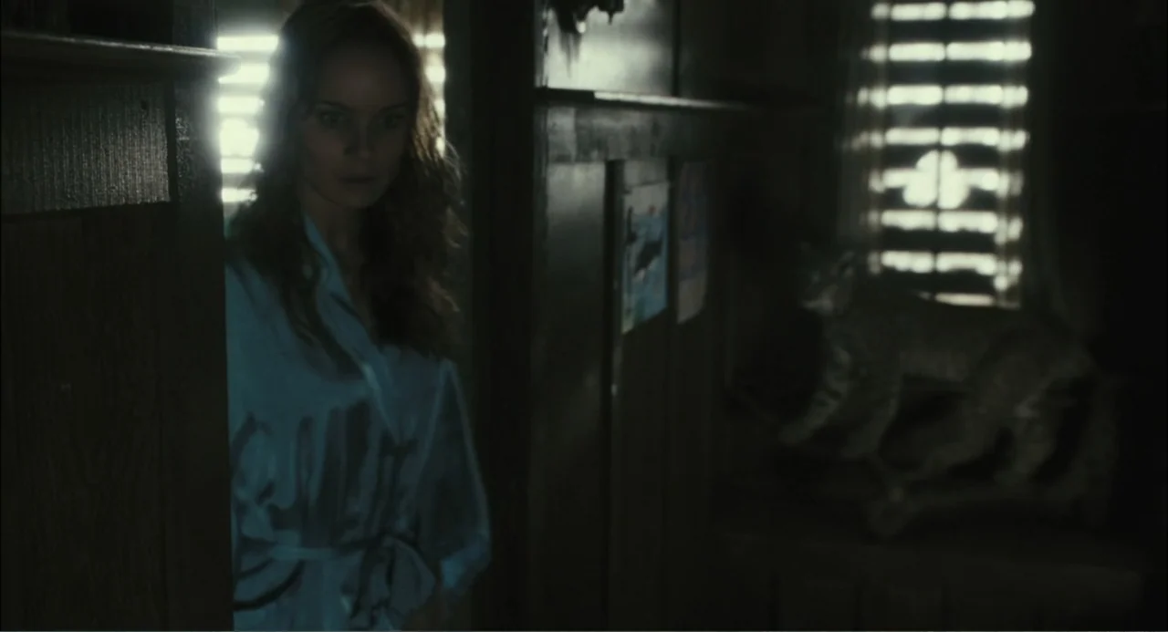 El hijo del diablo (1966) movie still: medium — A dark, narrow home hallway features wood paneling and a small window with blinds. A woman in a blue…