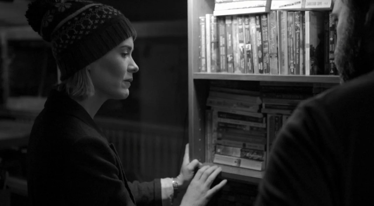 Blue Jay (2016) movie still: medium — An interior space contains a tall wooden shelf filled with various books. A woman stands in profile, looking…