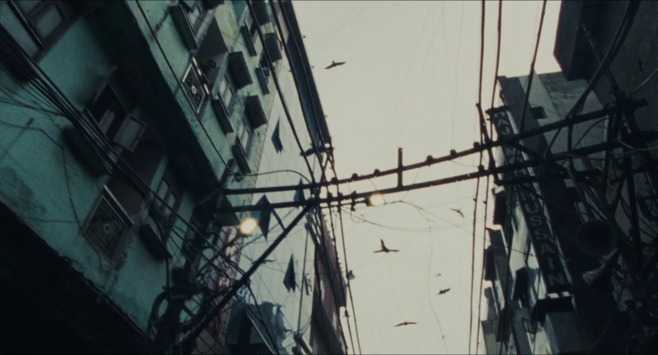 Origin (2023) movie still: establishing — Two tall, weathered apartment buildings flank a narrow gap revealing a pale overcast sky. Multiple tangled…