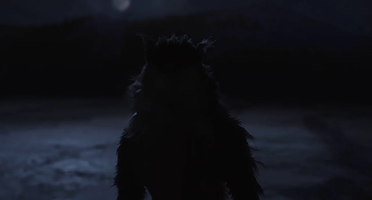 The Wolf of Snow Hollow (2020) movie still: medium — A dark, open field under a full moon in the middle of the night. A large, furry werewolf-like…