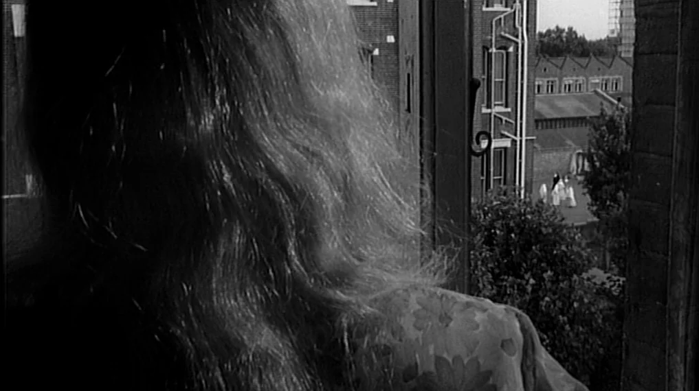 Repulsion (1965) movie still: closeup — A view from inside a room looking out through an open casement window. A person with long light hair stands…